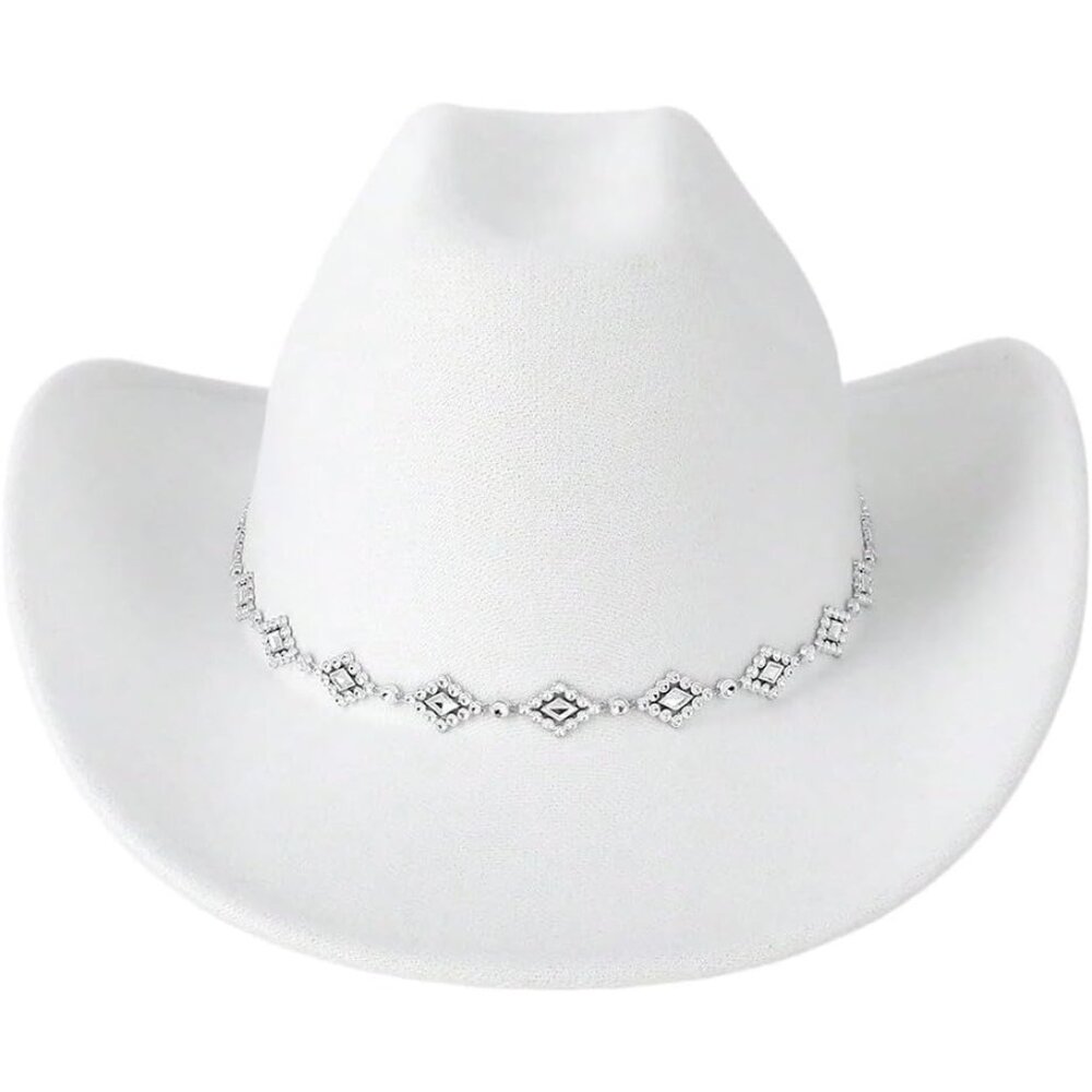 Verdusa Women White 100% Polyester Rhinestone Diamond Chain Band Cowboy Felt Hat